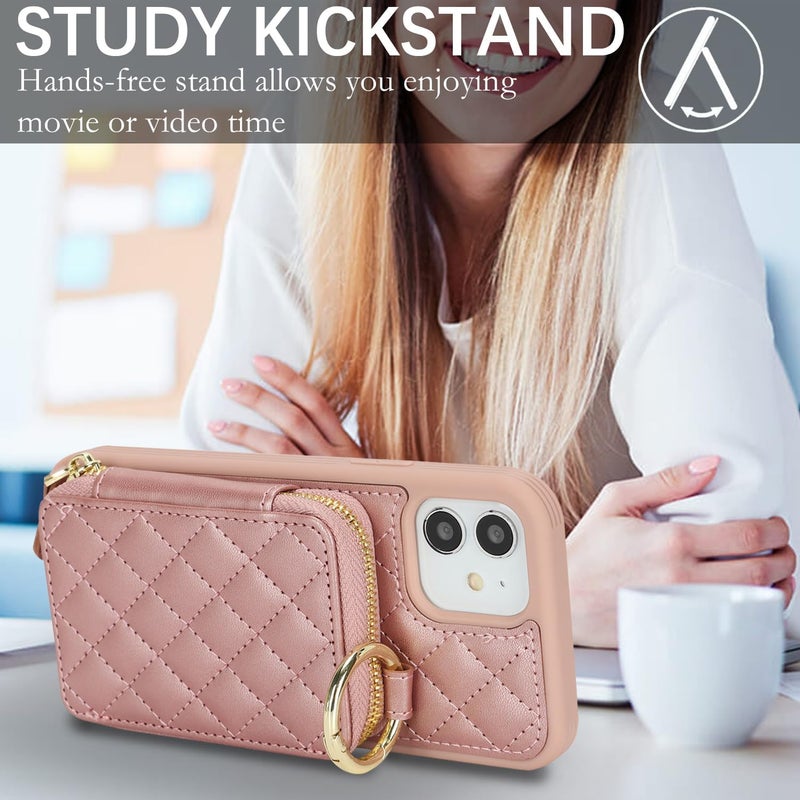 Hamany Crossbody Wallet Case for iPhone 12, PU Leather Zipper Handbag Purse Flip Cover, Kickstand Folio Case with Card Slots Holder Wrist Strap Lanyard 5G 6.1 Inch-Rose Gold - Image 4